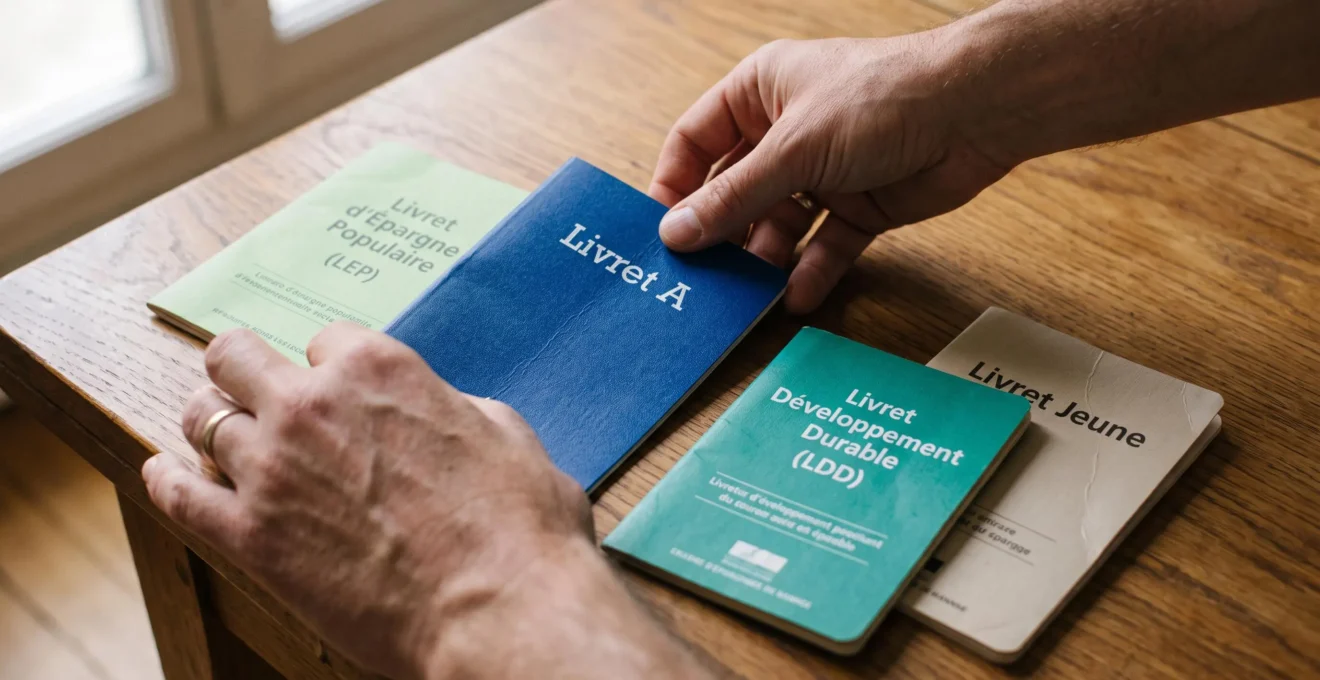 Main d'un parent disposant plusieurs livrets bancaires d'épargne de différentes couleurs sur une table en bois