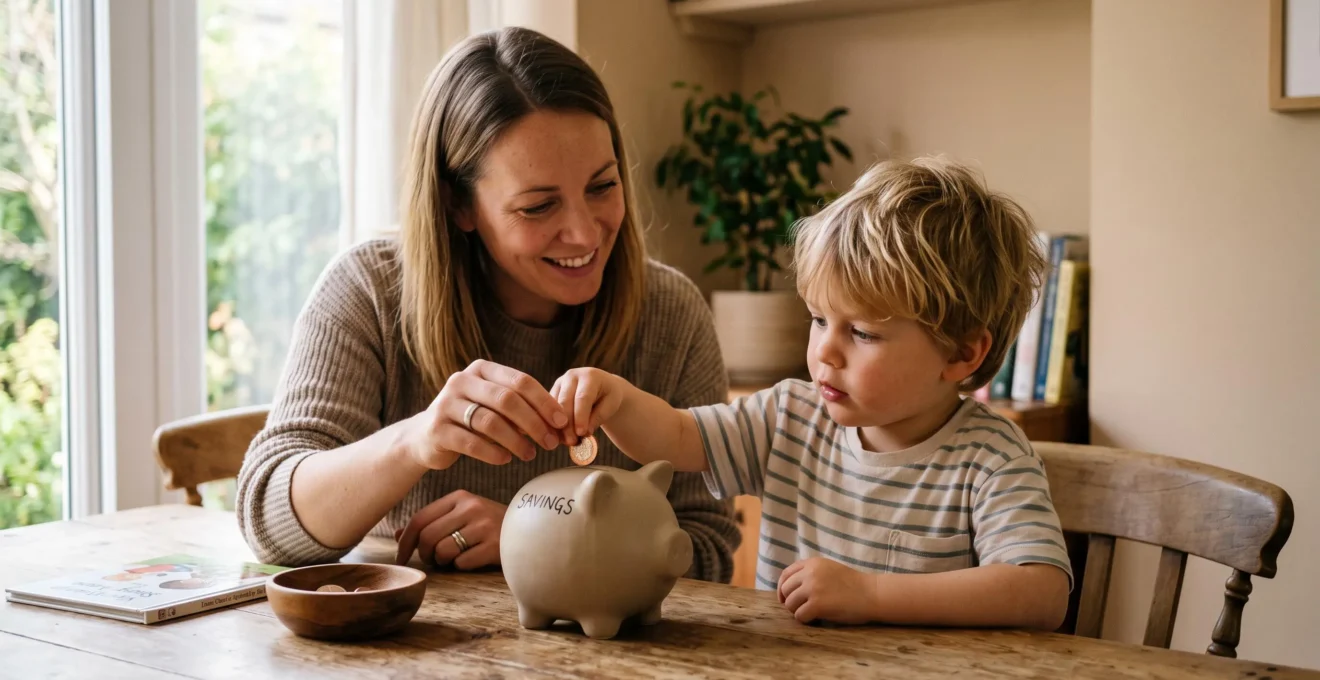 Parent aidant son jeune enfant à déposer une pièce dans une tirelire sur une table en bois dans un intérieur chaleureux