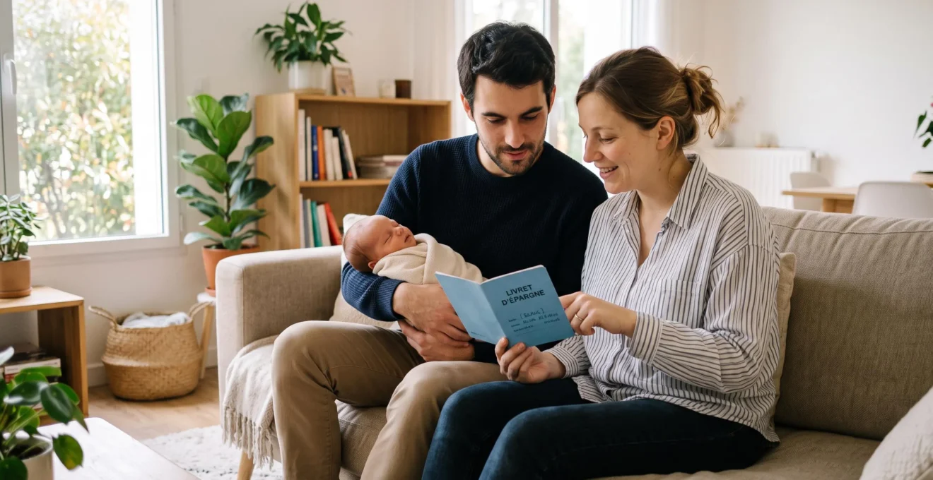 Jeunes parents assis sur un canapé avec leur bébé en consultant ensemble un livret d'épargne bancaire dans leur salon